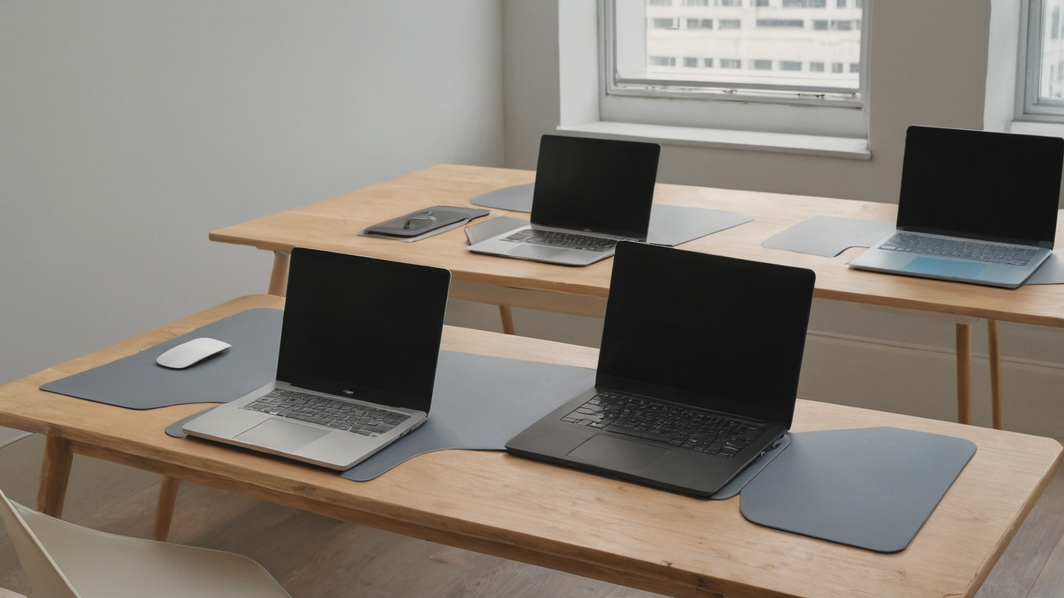 Distinct desk zones representing visible client workspace boundaries