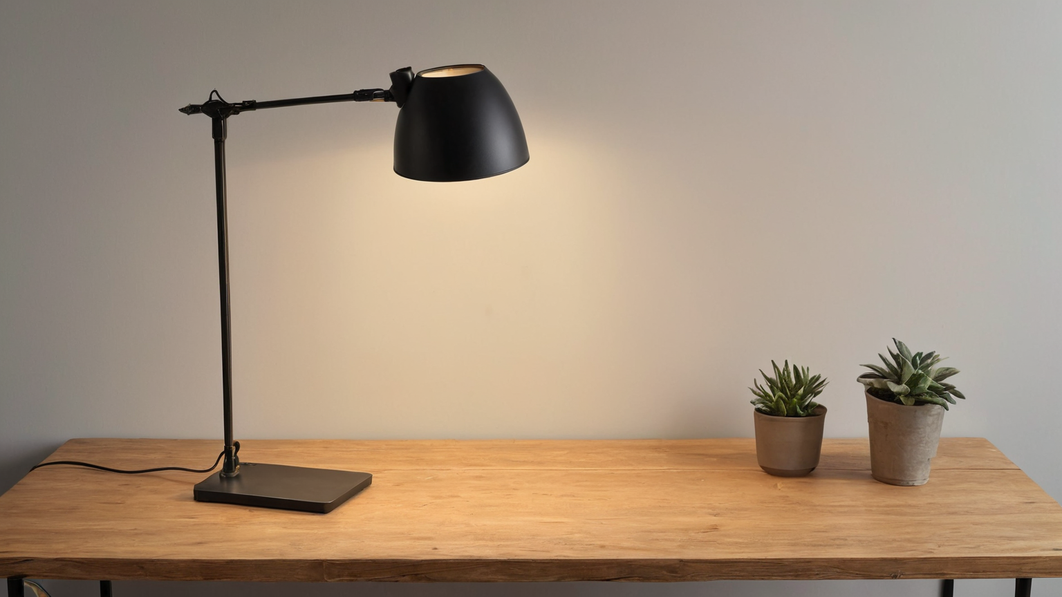 Unbranded cantilever desk lamp casting warm light beside plain plants
