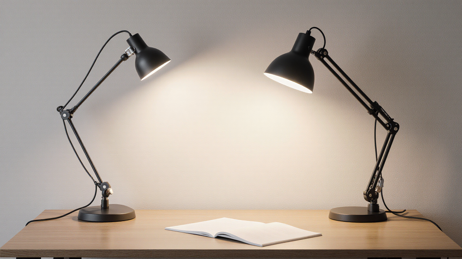Two adjustable task lamps lighting a plain home-office desk with a blank notebook