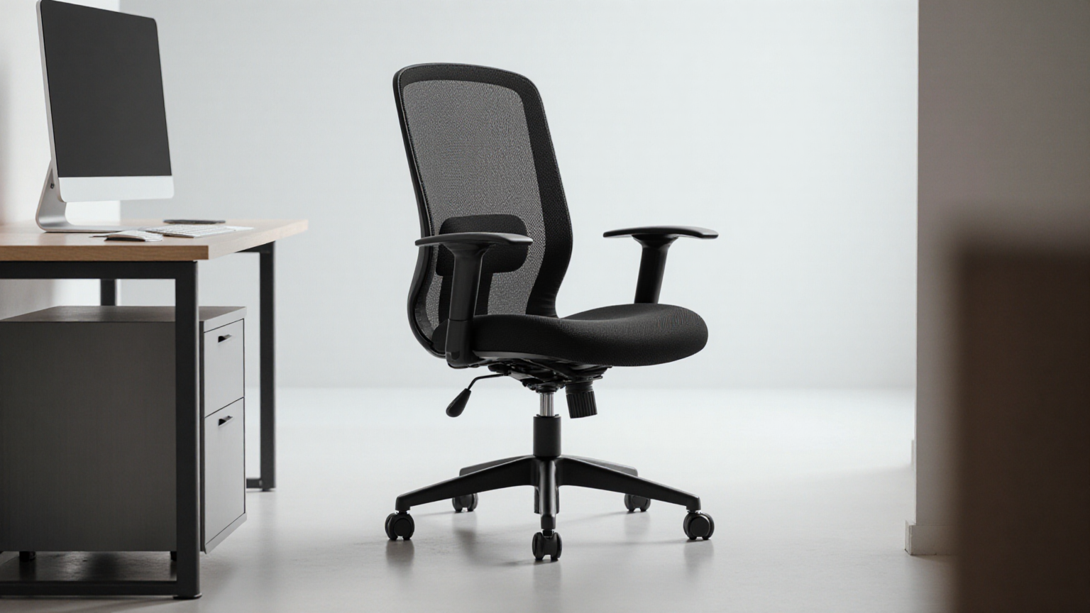 Black mesh office chair showing a coherent five-caster base and adjustable arms