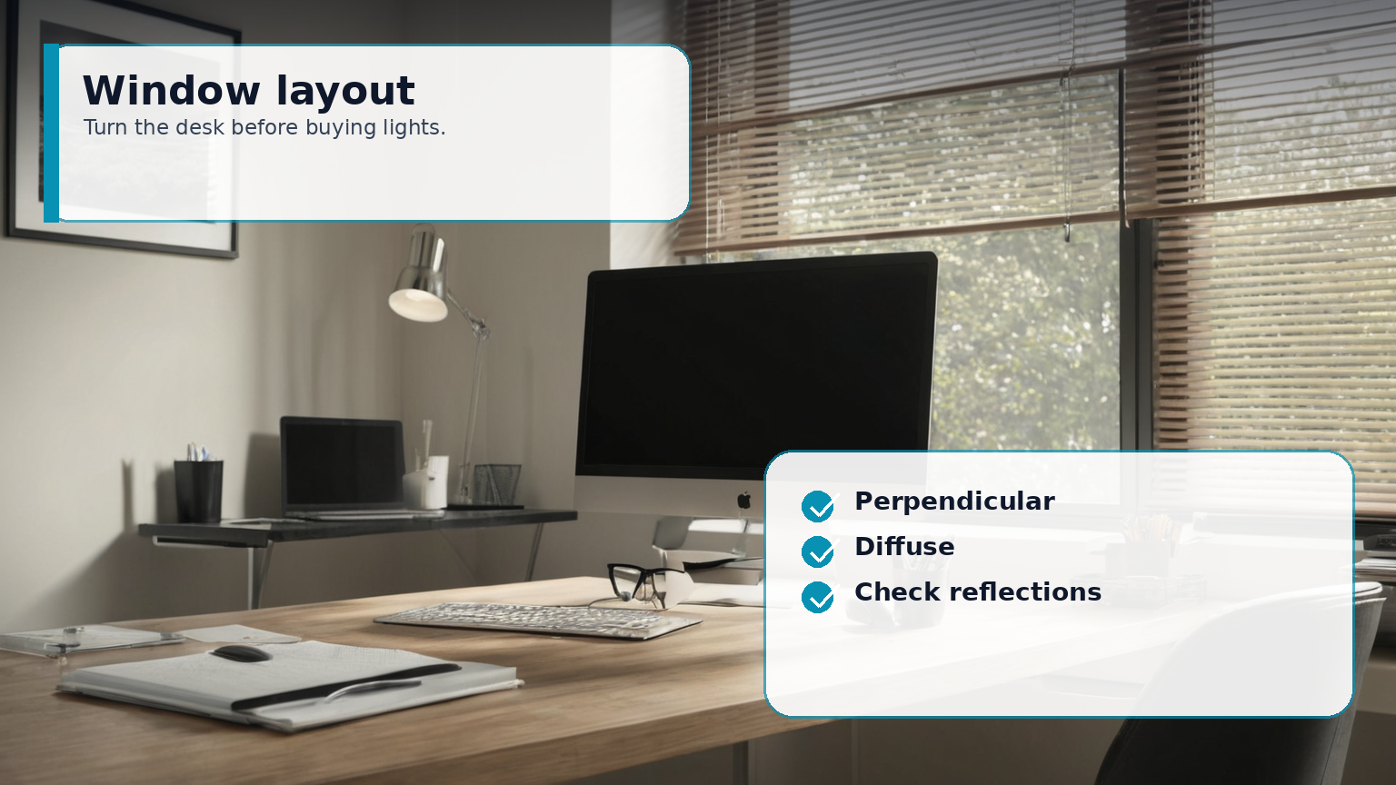 Desk placed perpendicular to a window to reduce glare