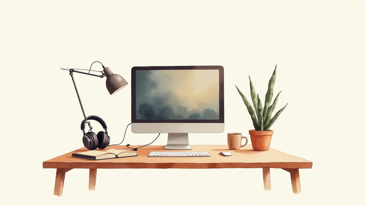 Watercolor illustration of home office desk with monitor, headphones, coffee cup, and notebook