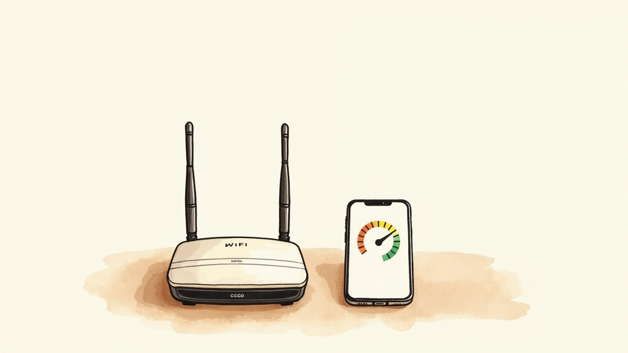 Watercolor illustration of small wifi router beside smartphone showing speedtest concept
