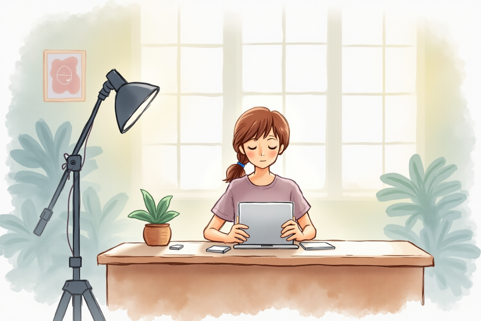 Content creator at desk with discreet teleprompter and window light