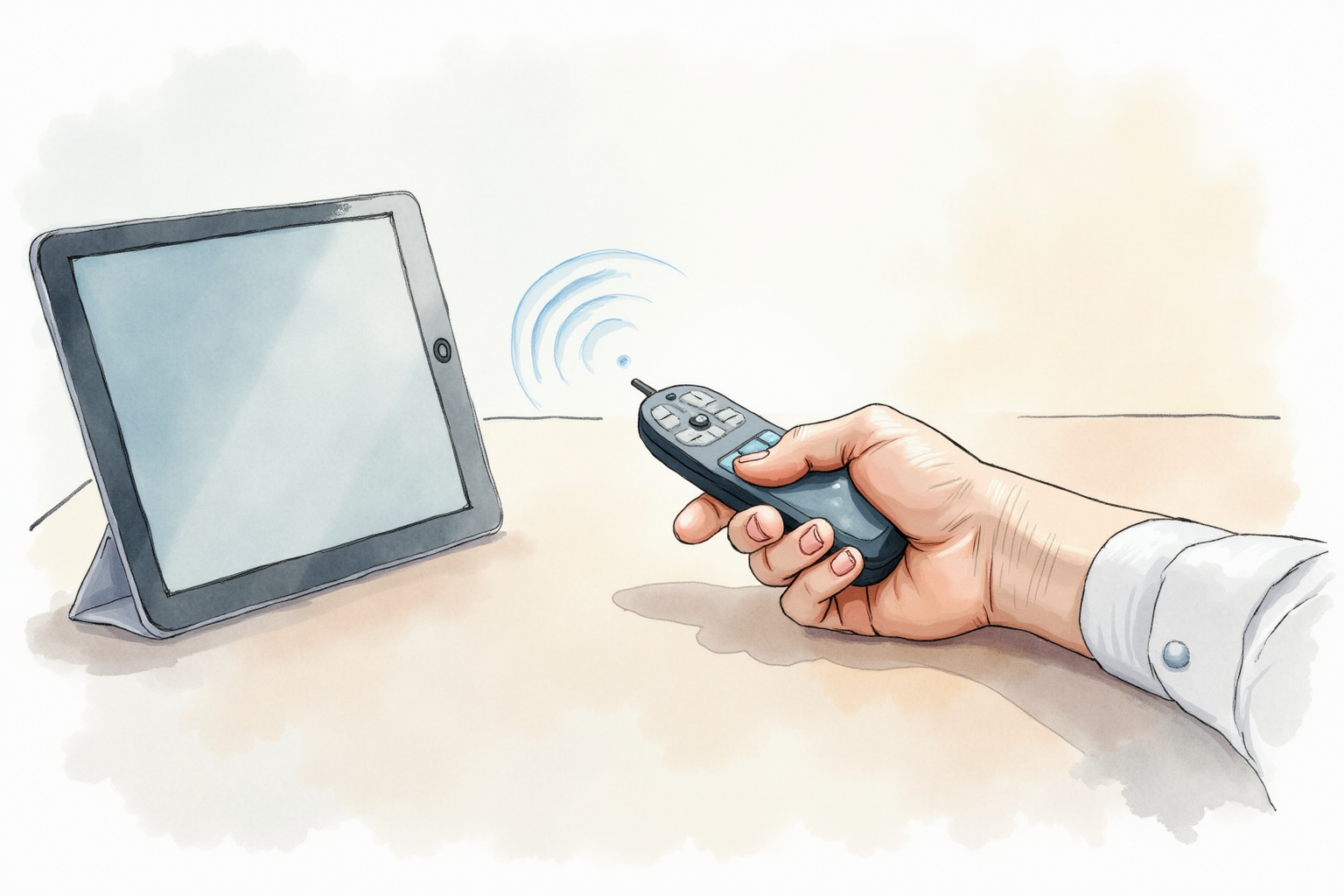 Hand operating a wireless remote with tablet teleprompter visible