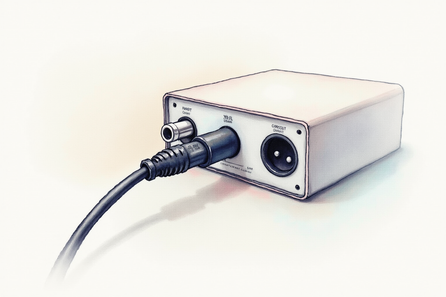 XLR cable plugging into the back of a two-channel audio interface