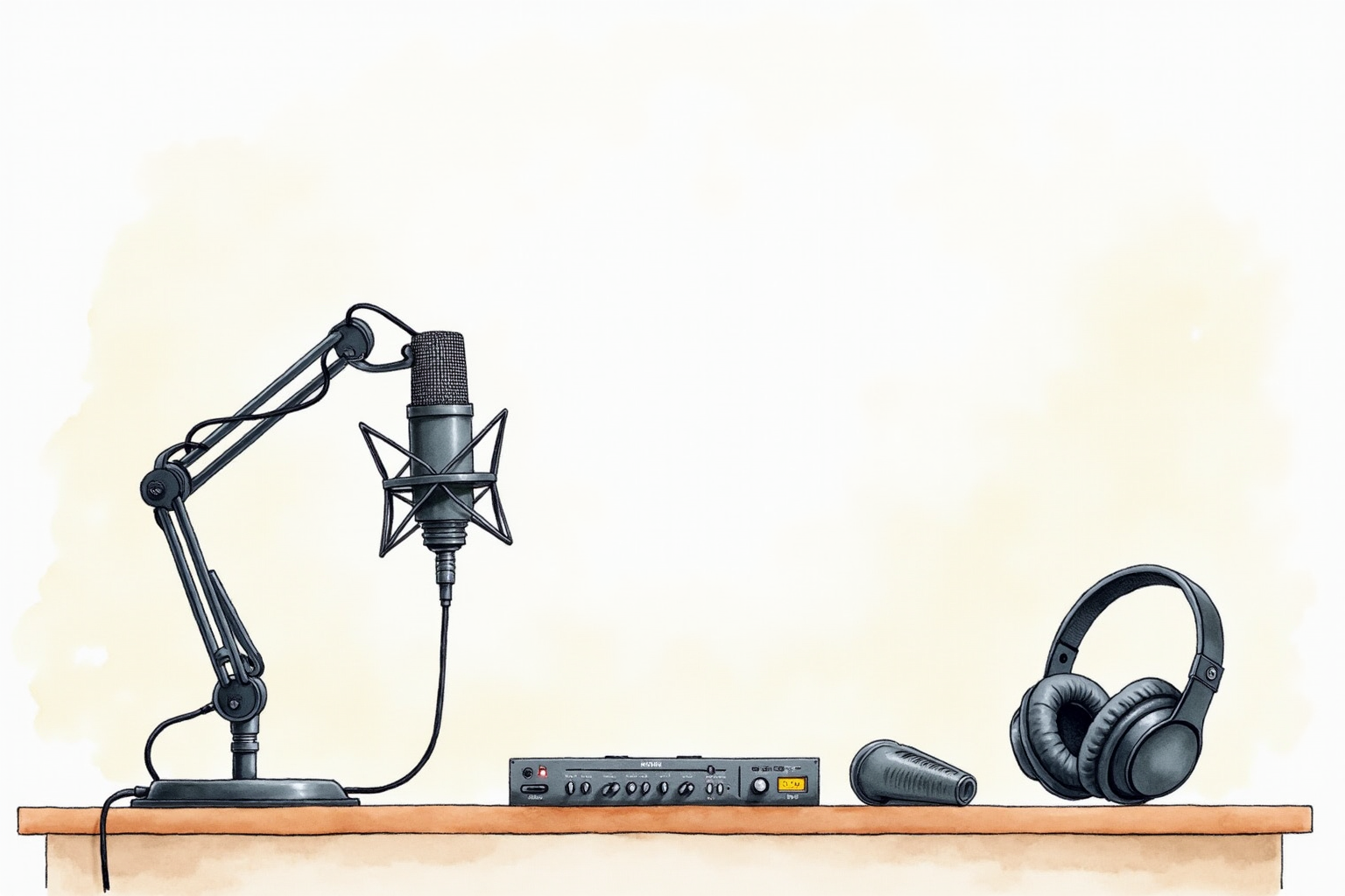 Clean podcasting desk with microphone, boom arm, interface, and headphones