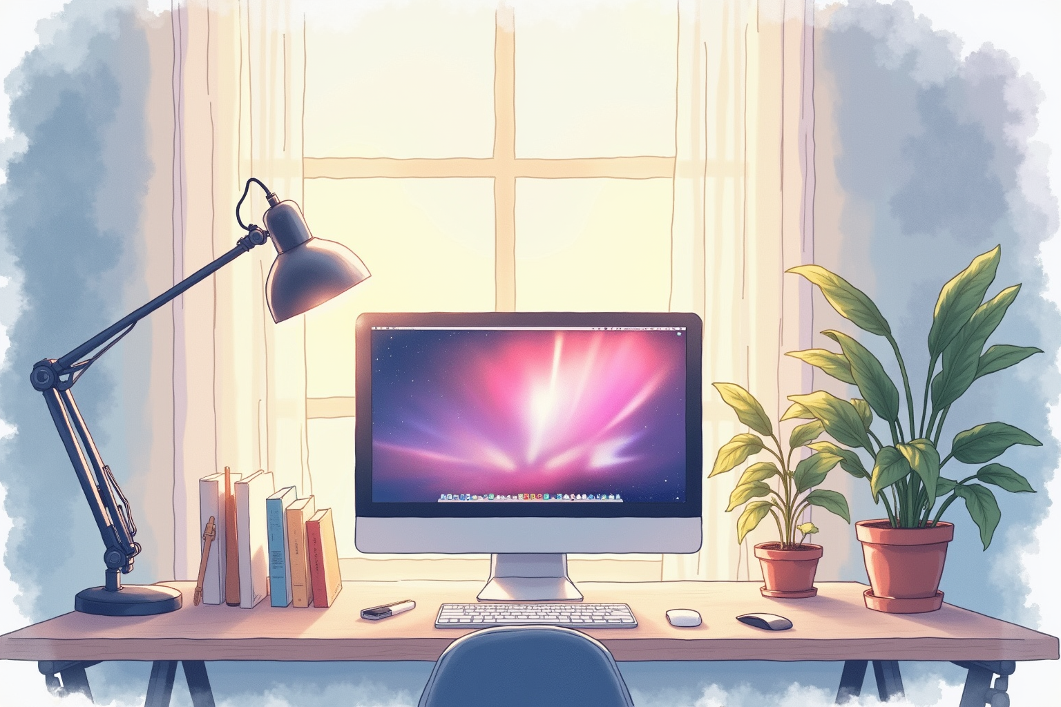 Home office with bias lighting behind a monitor