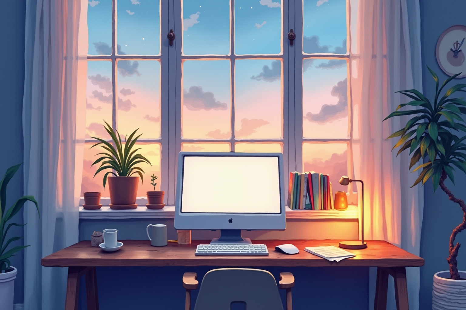 Quiet home office at dusk with dimmed screen and warm lamp