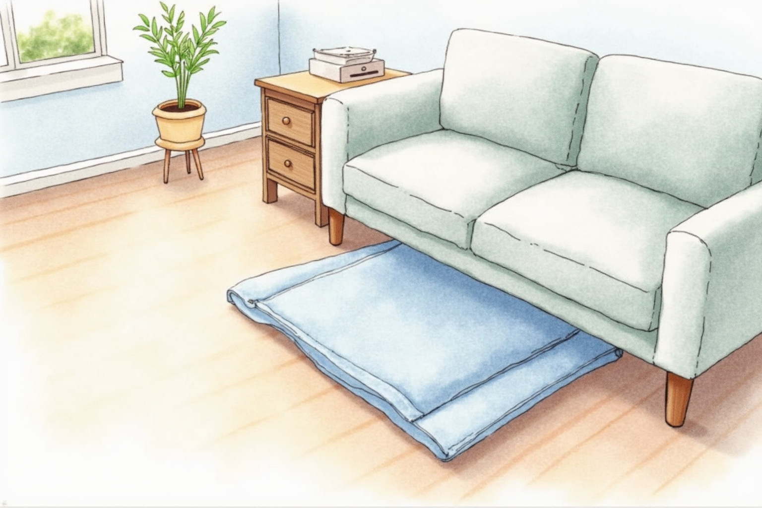 Foldable walking pad stored under a sofa
