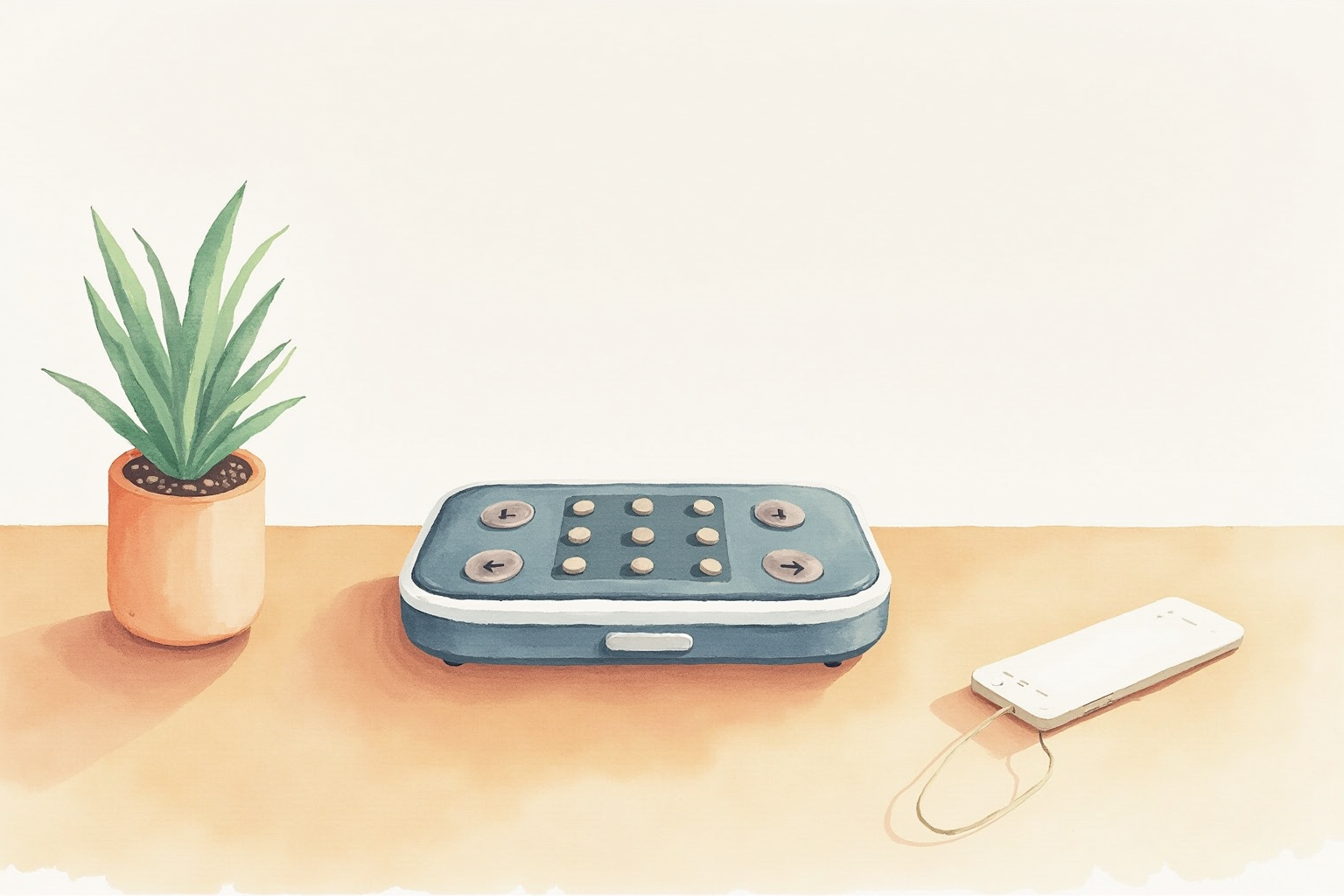 Small remote control for a walking pad on a wooden desk