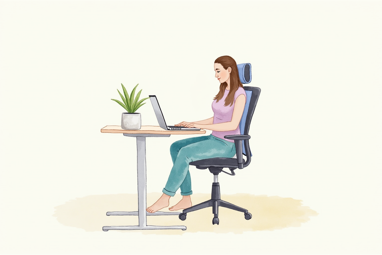 Ergonomic chair with lumbar pillow and person sitting comfortably