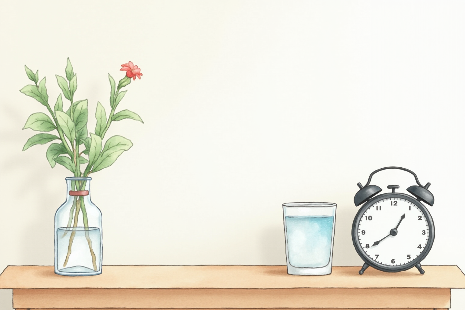 Desk timer and a glass of water on a clean wooden desk