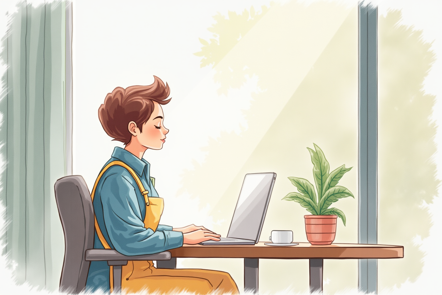 Calm worker glancing out a window during a short break
