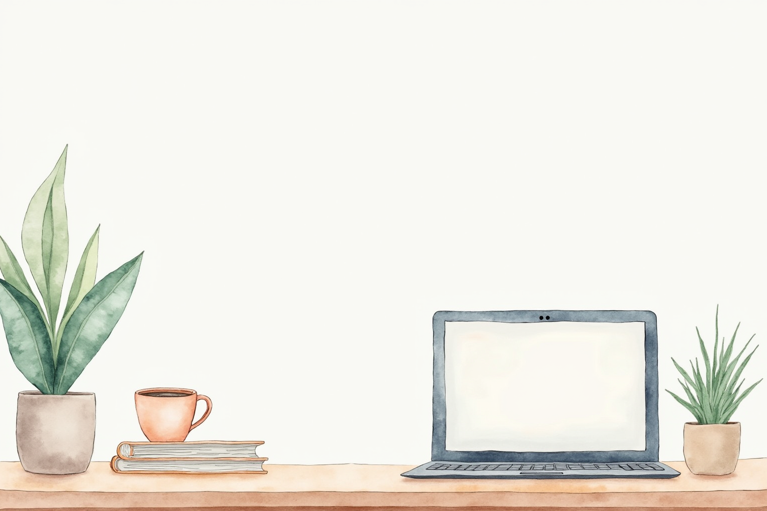 Clean desk surface with no visible cables, only laptop and coffee