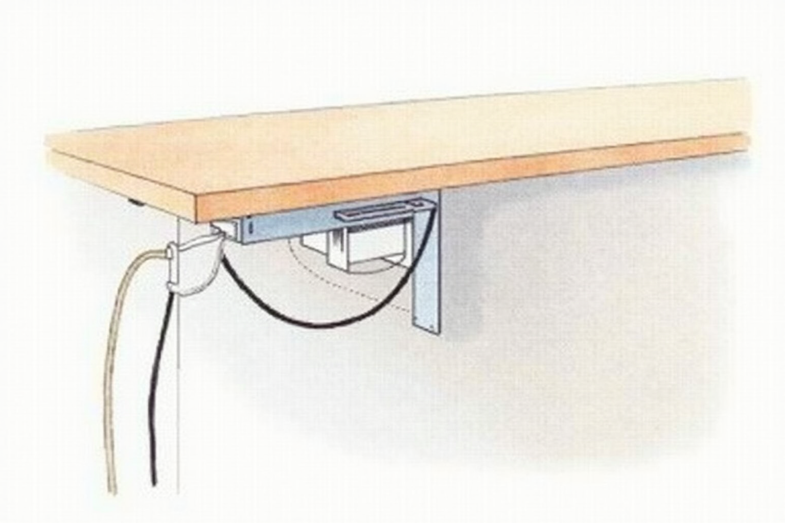 Cable raceway channels mounted along the back edge of a desk