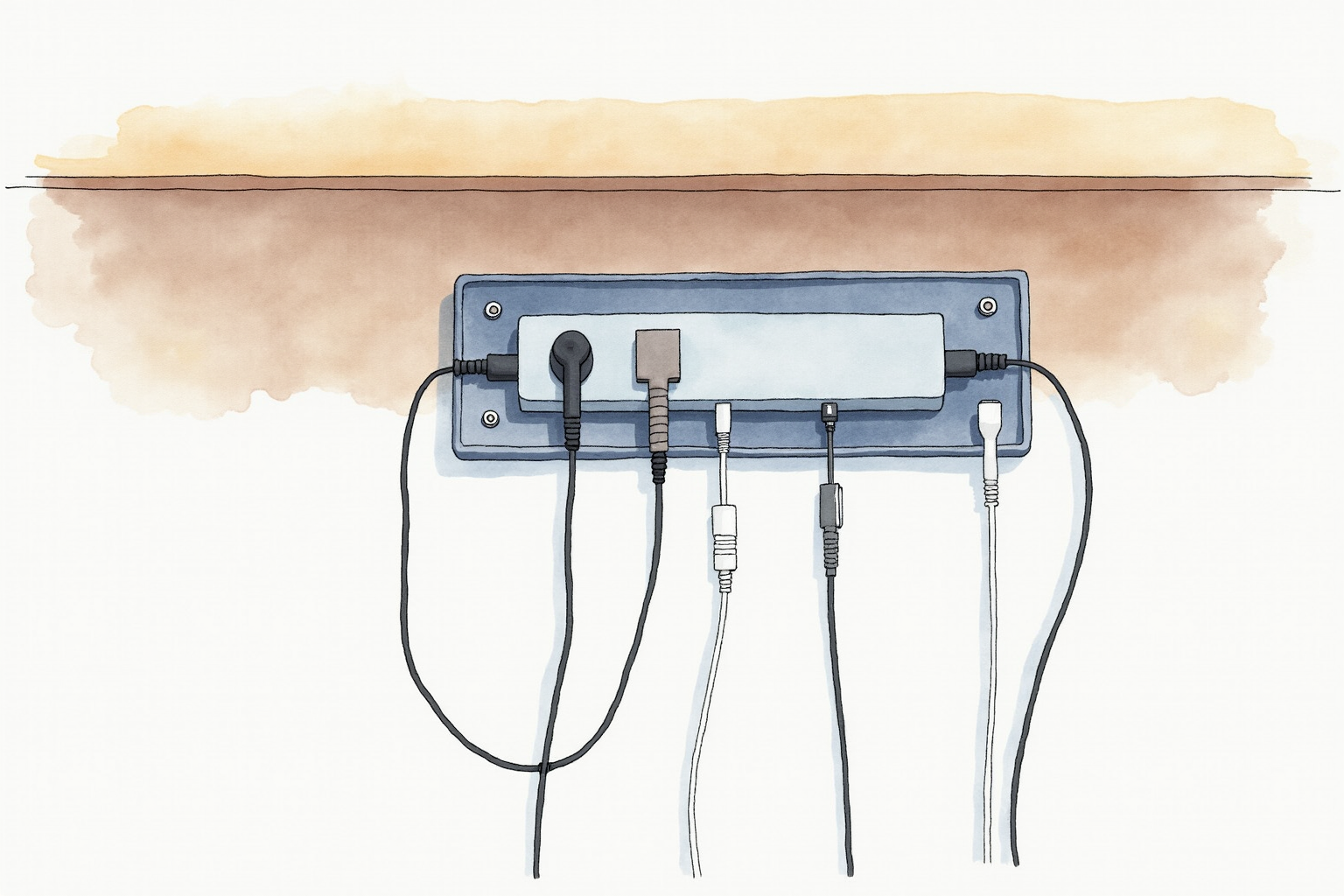 Cables organized with velcro ties and a power strip under a desk