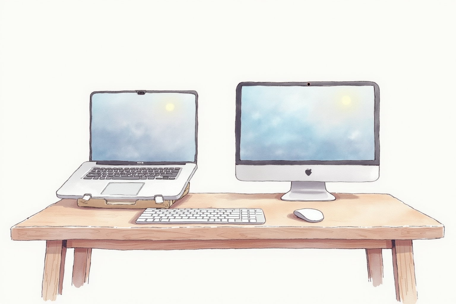 Clean home office with closed laptop in stand and dual monitors