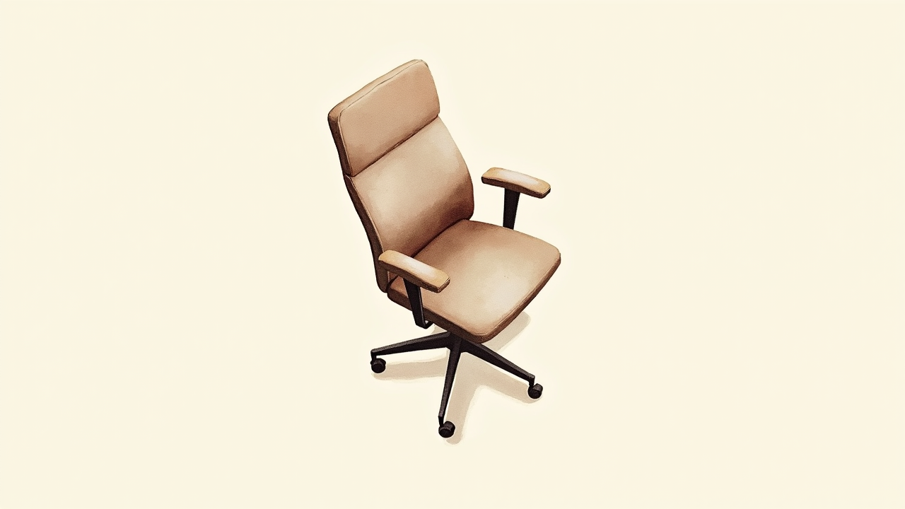 Watercolor illustration of an abstract office chair shape on cream paper, top-down still life, no text, soft earth tones