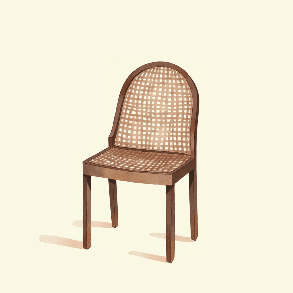 Watercolor illustration of an abstract chair backrest with mesh pattern on cream paper, top-down still life, no text, soft earth tones