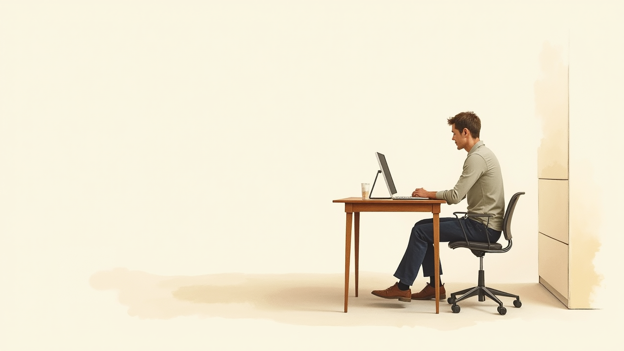 Watercolor illustration of an abstract human figure outline at a desk in proper posture on cream paper, no text, soft earth tones