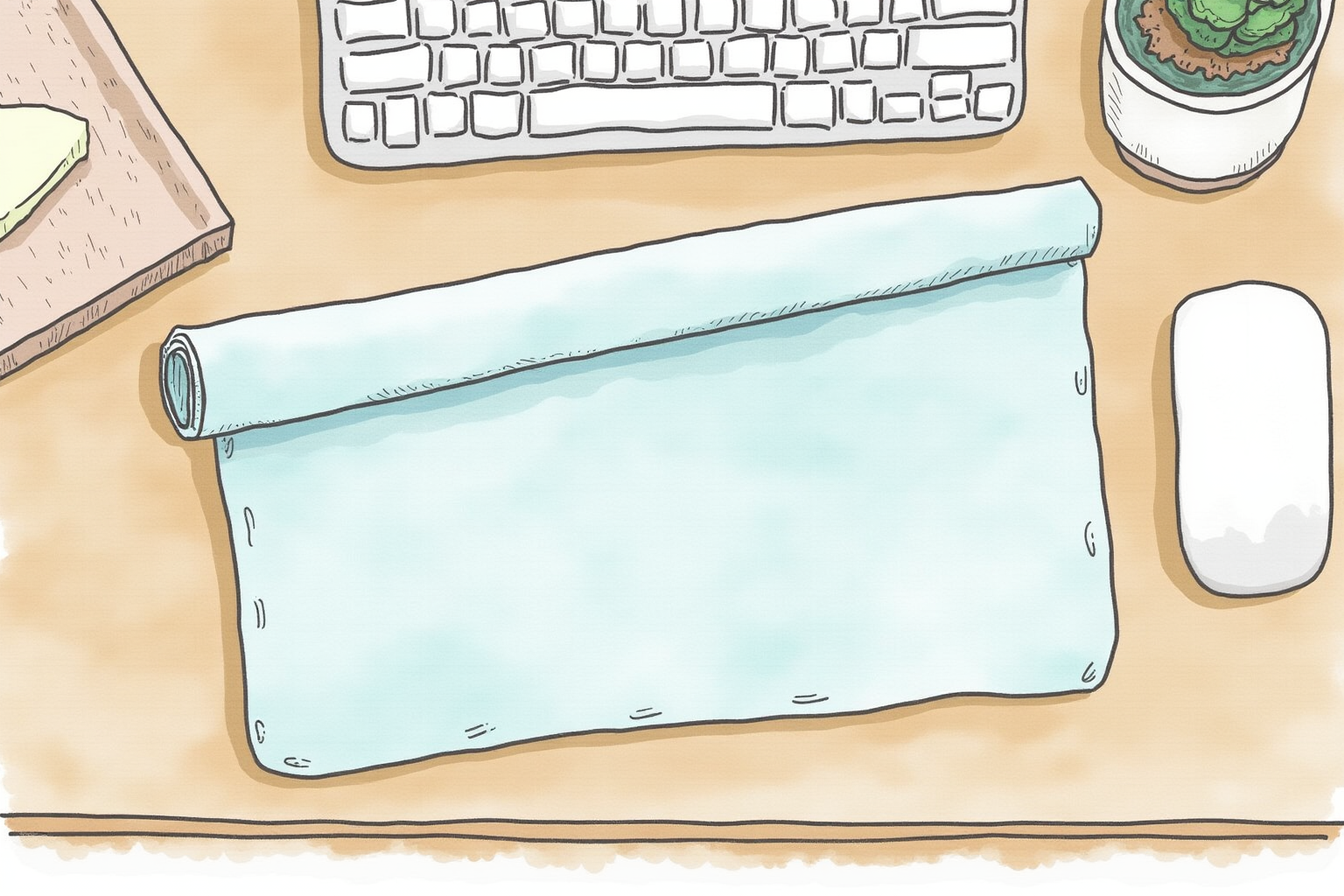 Felt desk mat with rolled edge on a wooden desk