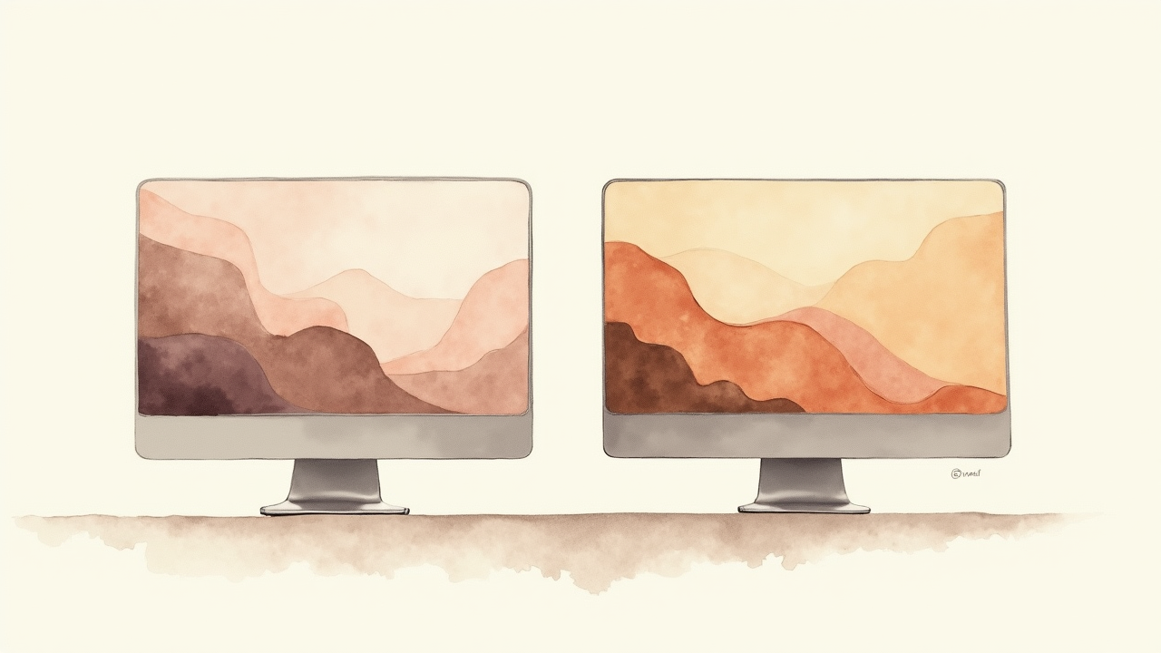 Watercolor illustration of two abstract monitor shapes side by side on cream paper, top-down still life, no text, soft earth tones