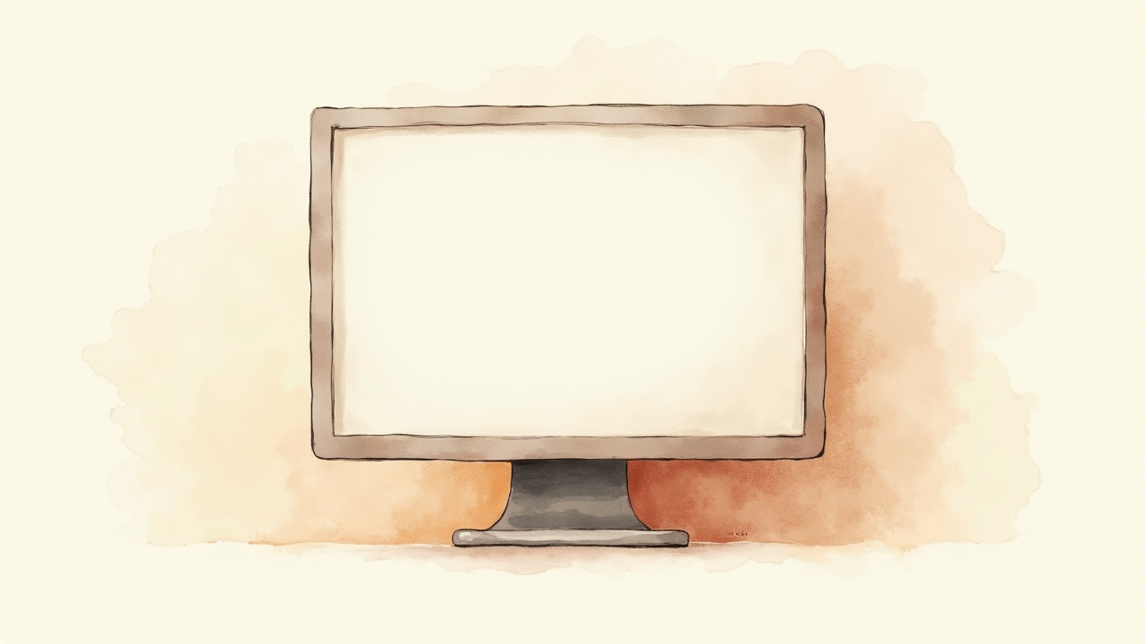 Watercolor illustration of an abstract computer monitor shape on cream paper, top-down still life, no text, soft earth tones