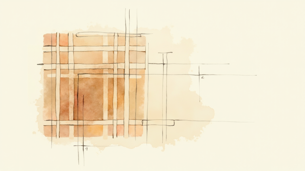 Watercolor illustration of an abstract grid pattern representing pixels on cream paper, top-down still life, no text, soft earth tones