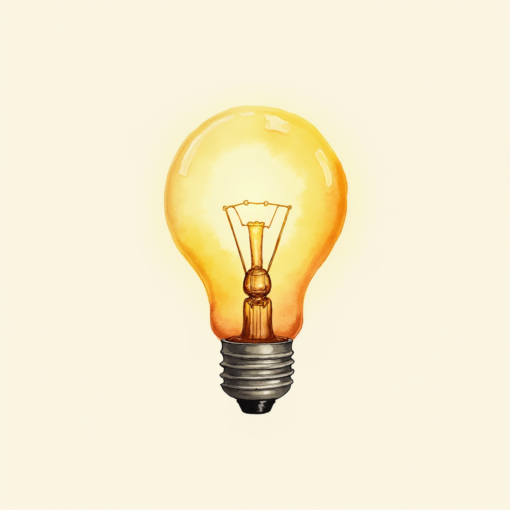 Watercolor illustration of an abstract glowing light bulb shape on cream paper, top-down still life, no text, soft earth tones
