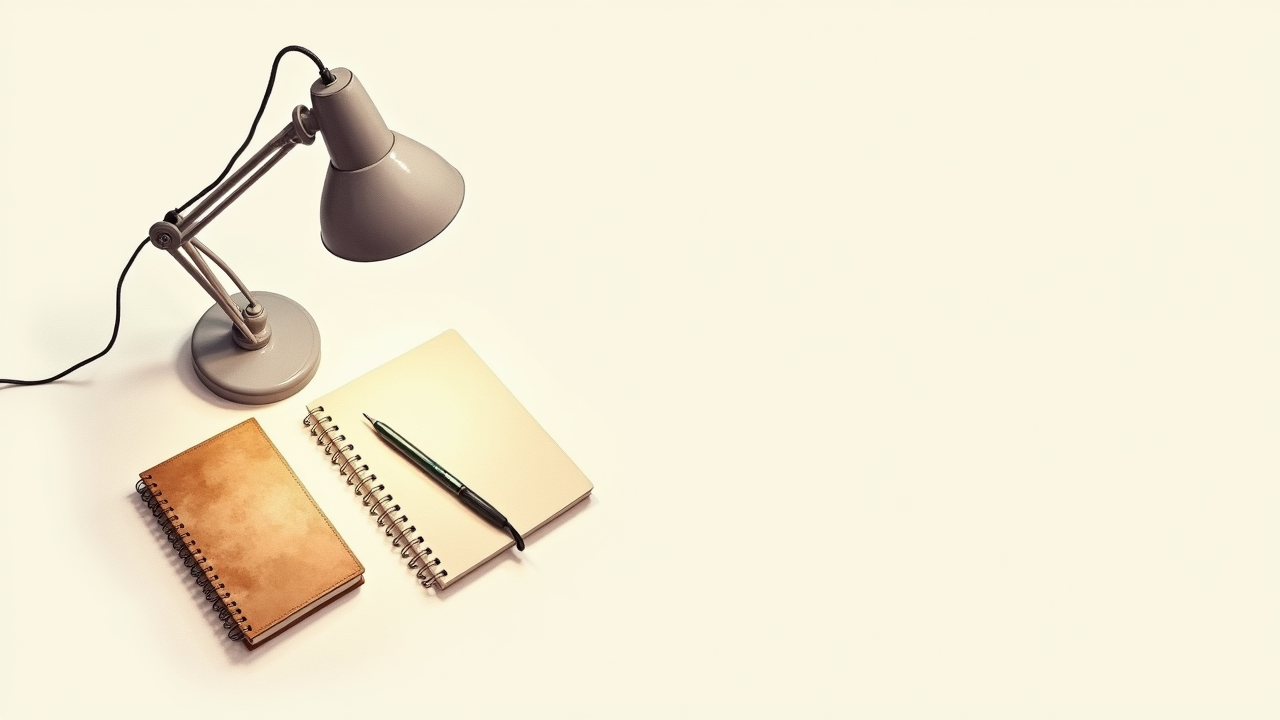 Watercolor illustration of an abstract desk lamp shape on cream paper beside a notebook, top-down still life, no text, soft earth tones
