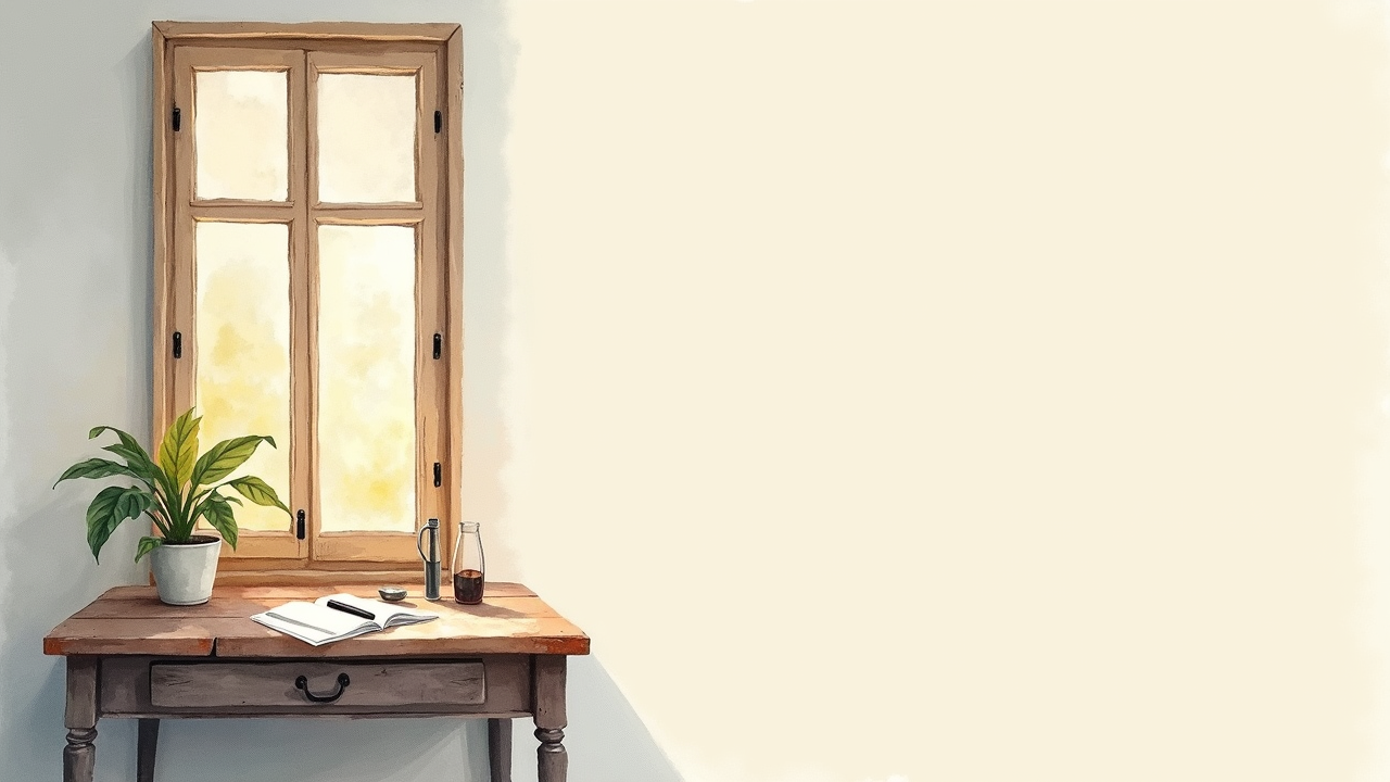 Watercolor illustration of an abstract window with light streaming in beside a desk on cream paper, top-down still life, no text, soft earth tones