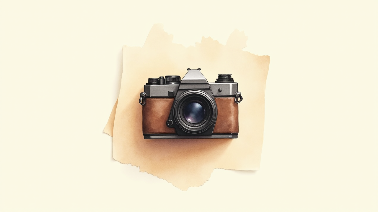 Watercolor illustration of an abstract small camera shape on cream paper, top-down still life, no text, soft earth tones