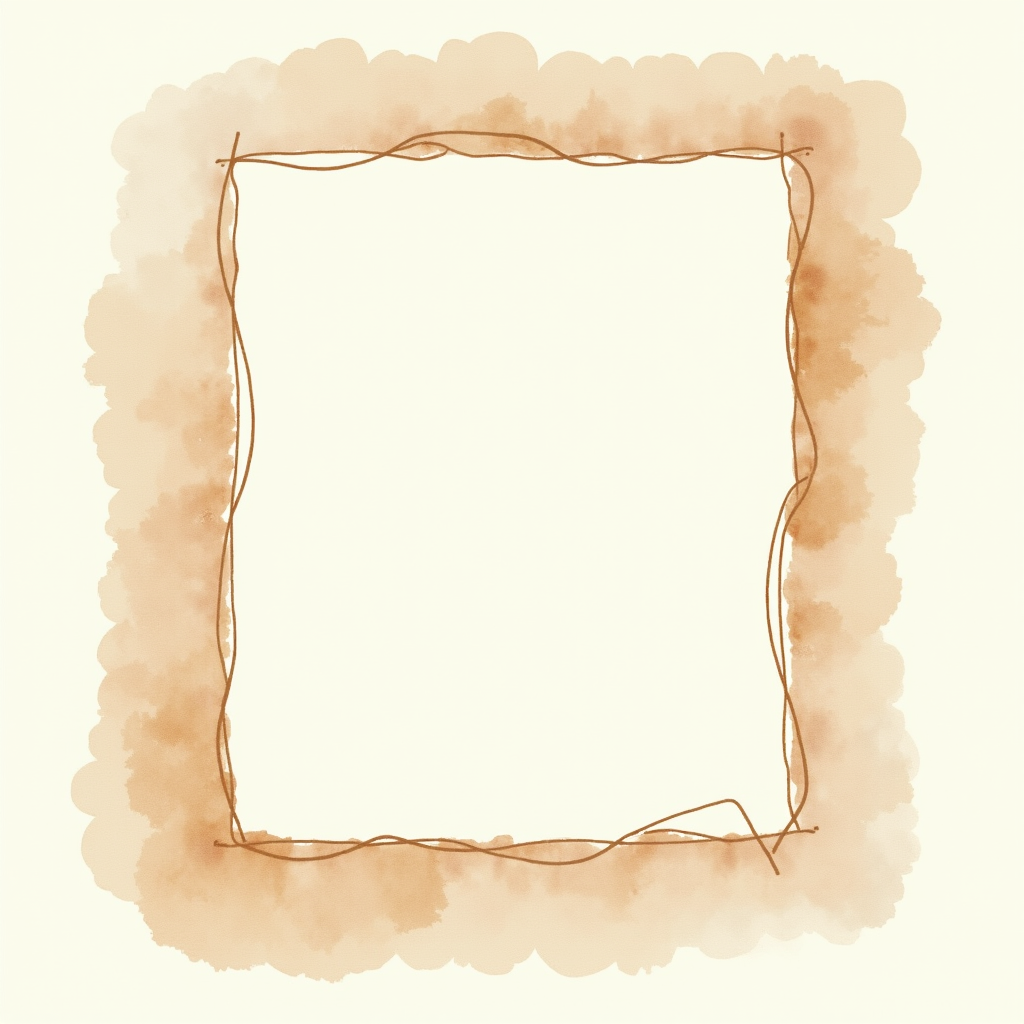 Watercolor illustration of an abstract picture frame shape with subtle figure outline on cream paper, top-down still life, no text, soft earth tones