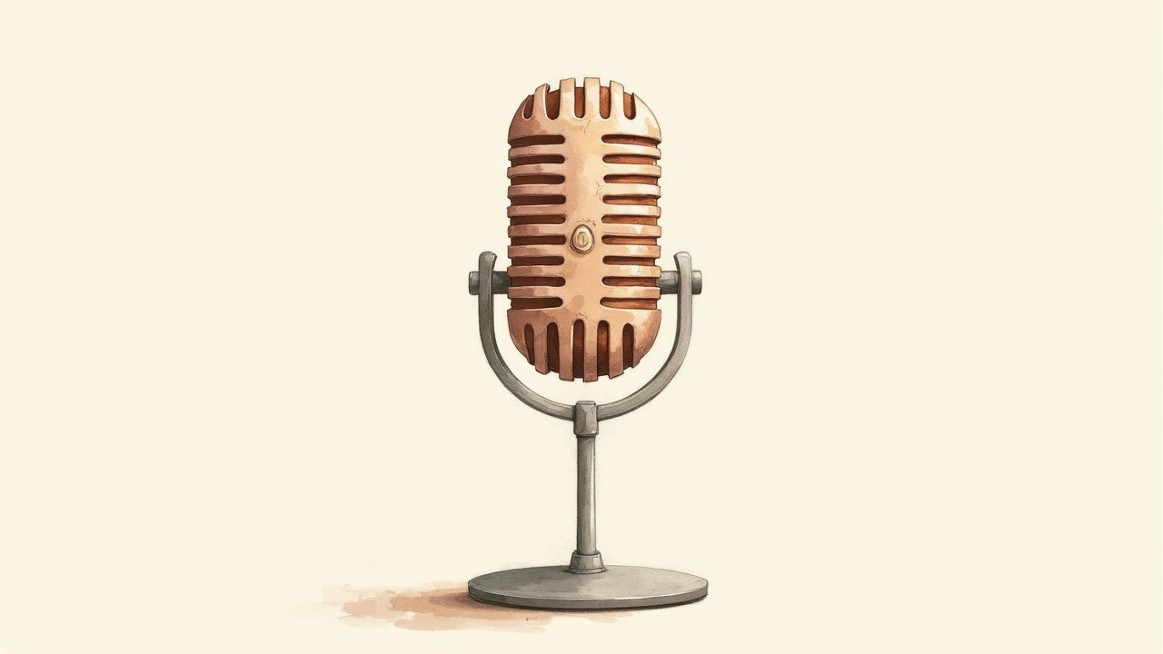 Watercolor illustration of an abstract microphone shape on a stand on cream paper, top-down still life, no text, soft earth tones
