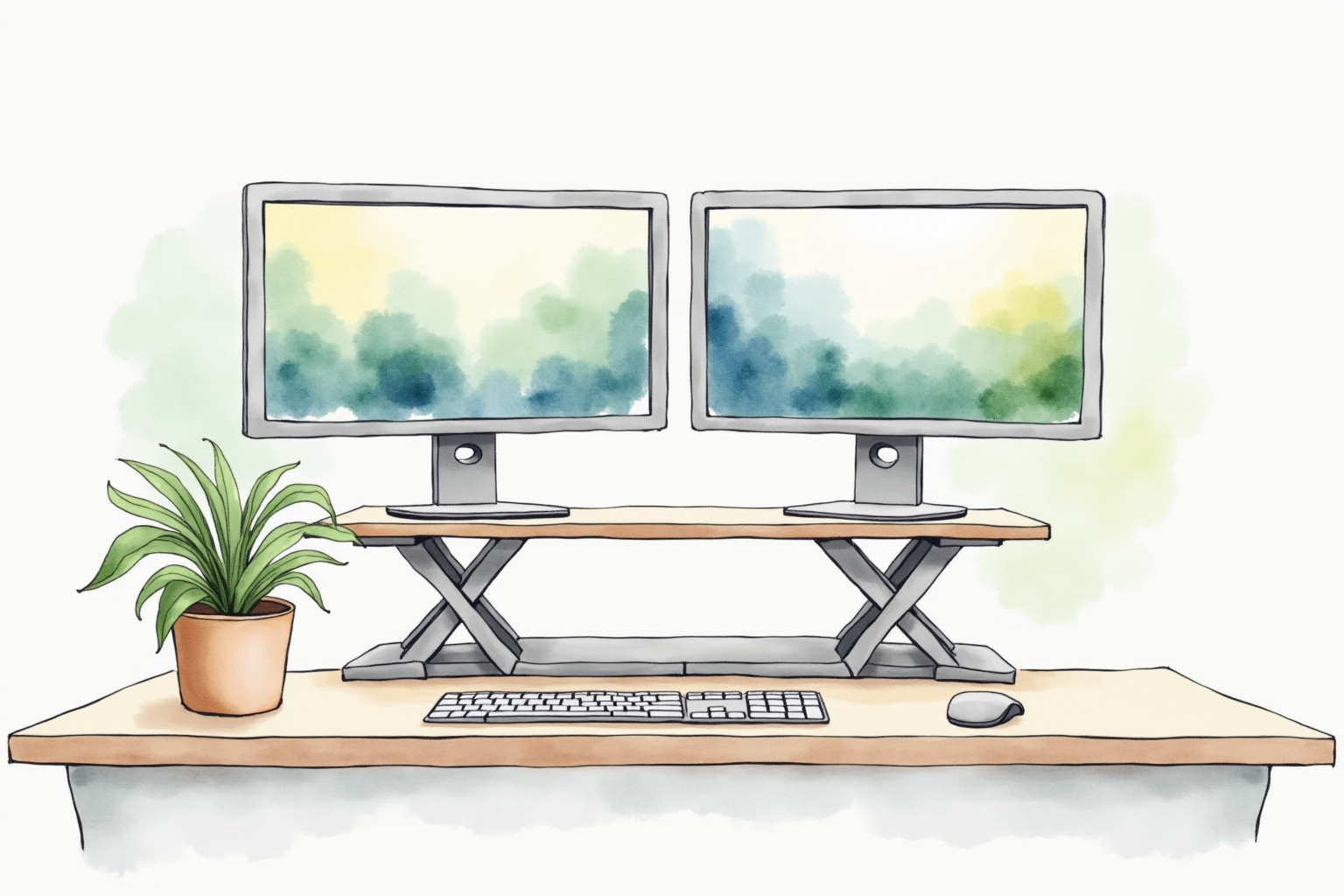 Clean home office with sit-stand converter at standing height