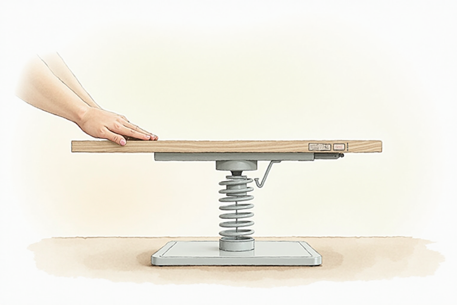 Hands smoothly lifting a desk converter via gas-spring handle