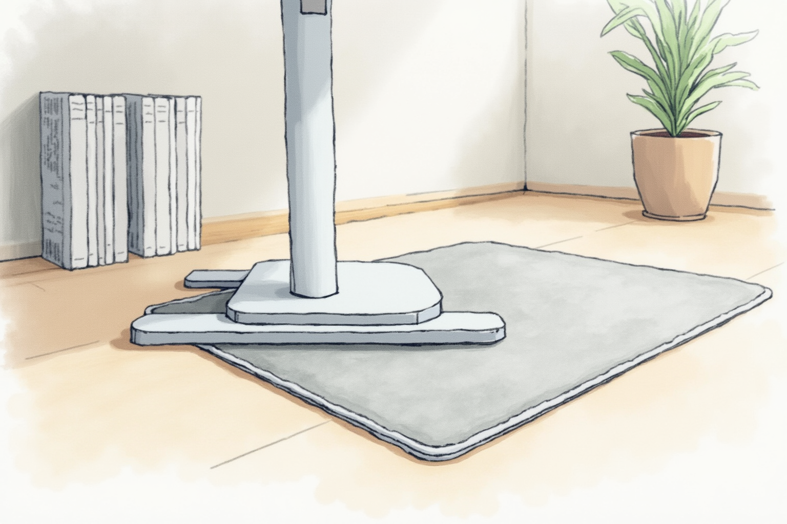Anti-fatigue mat on the floor beneath a standing desk setup