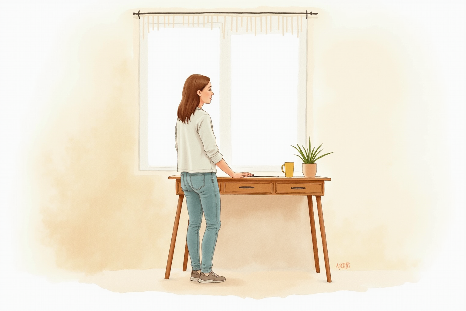 Person standing at a converted desk with relaxed posture