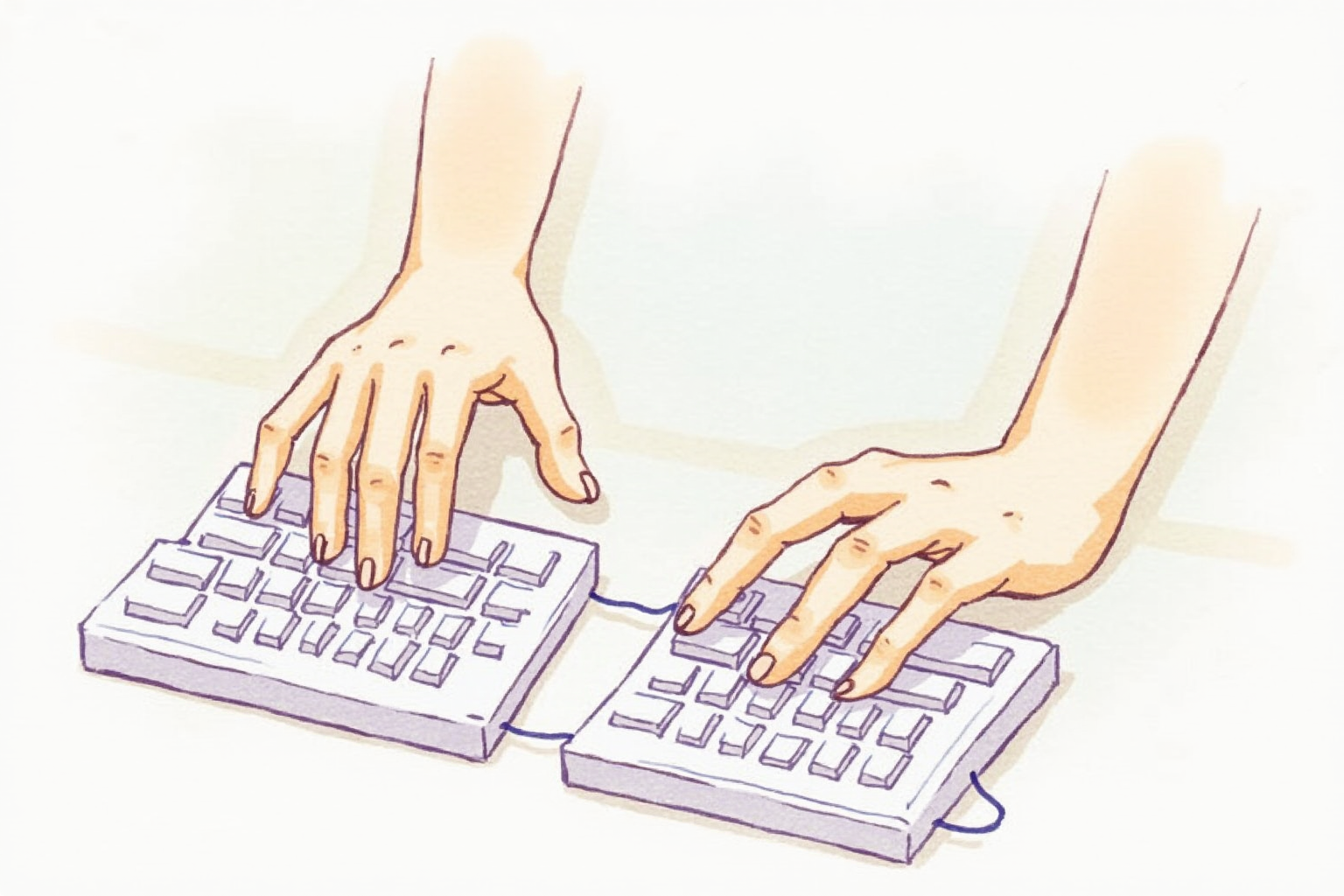 Hands resting on a split keyboard with shoulder-width hand position