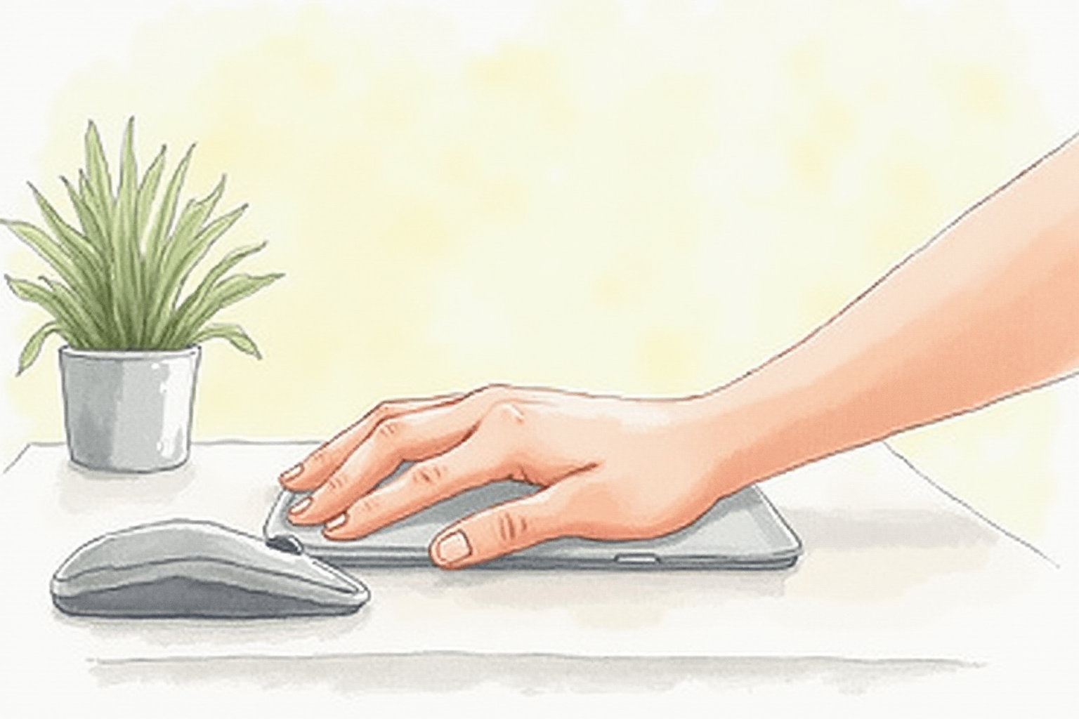 Relaxed forearm and hand on a desk beside a vertical mouse
