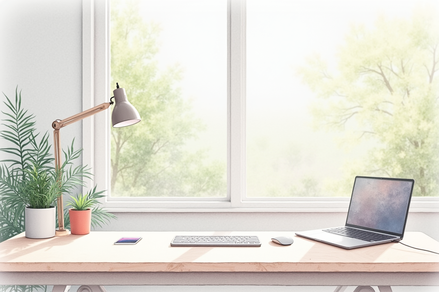 Clean modern desk with vertical mouse, split keyboard, and laptop