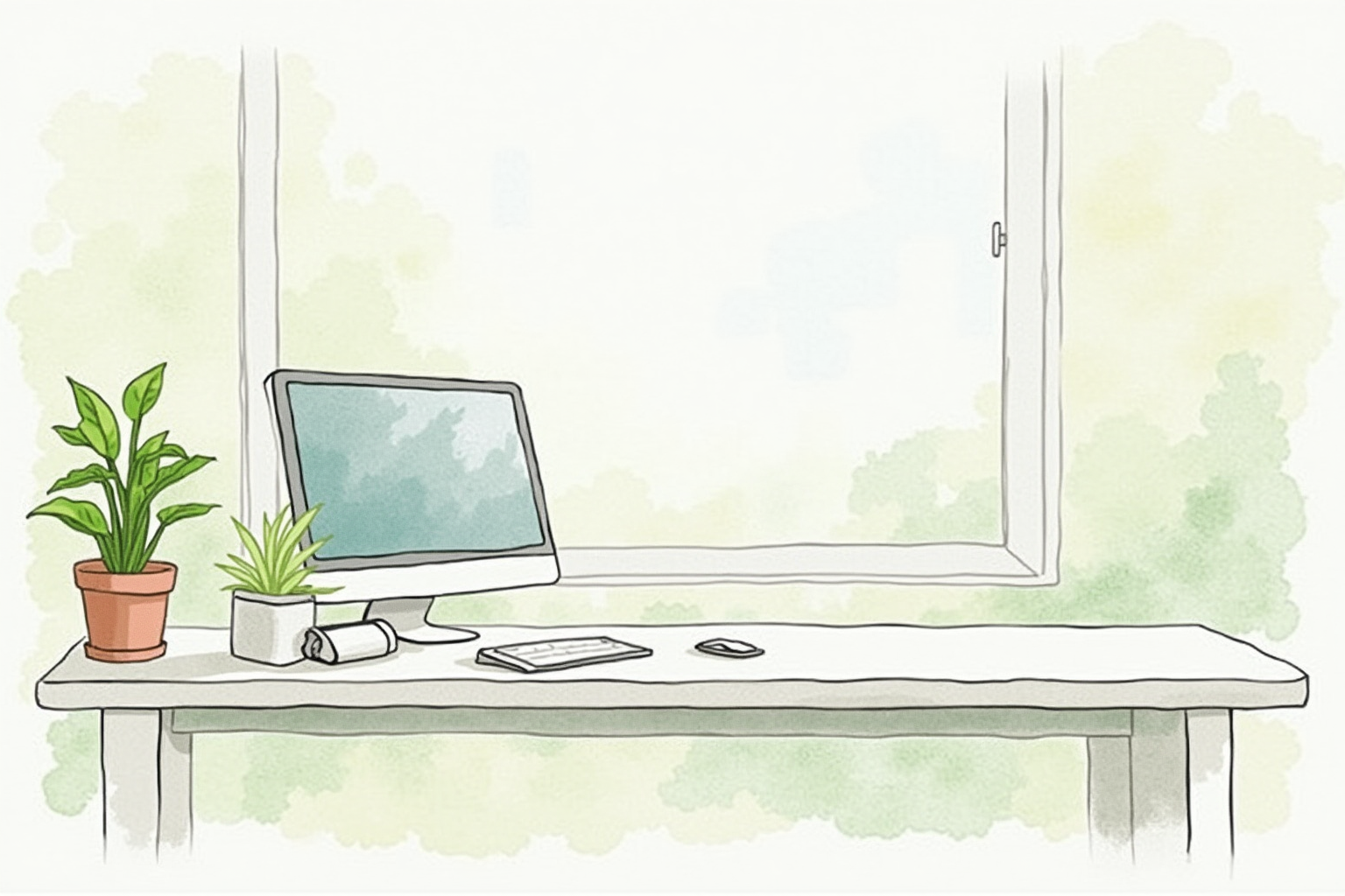 Clean home office with single monitor on an arm and houseplant