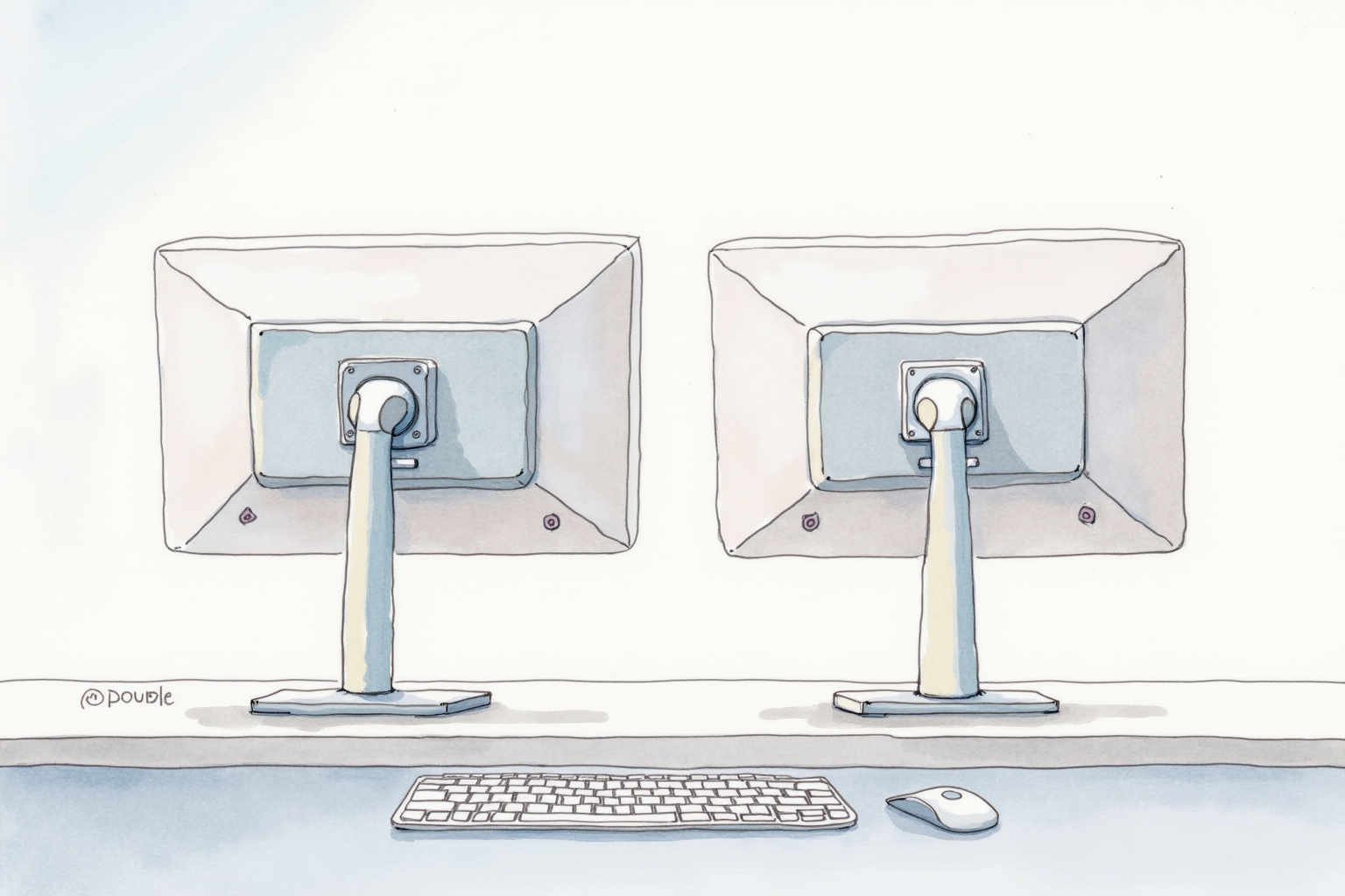 Dual monitors on two separate articulating arms on a wide desk