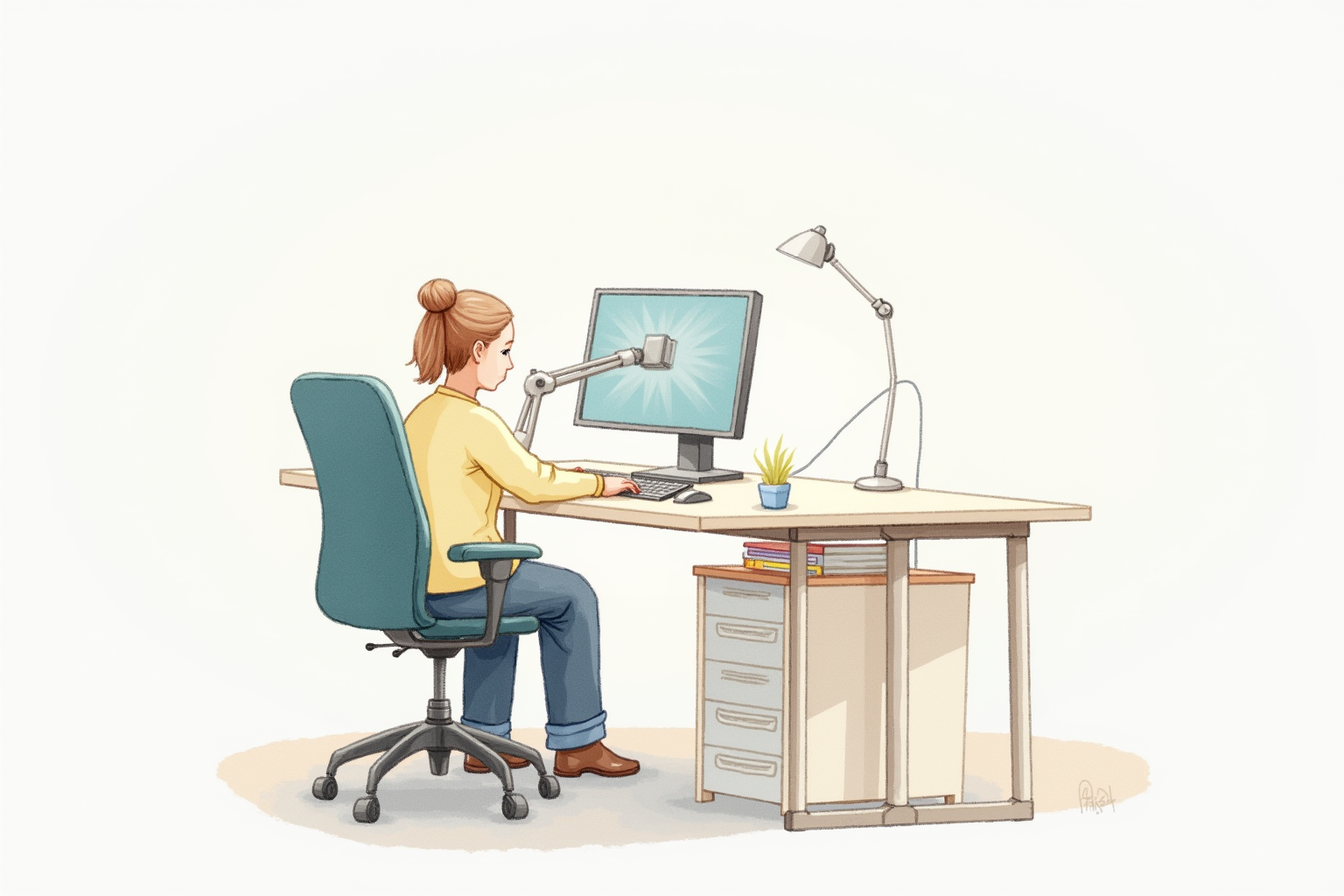Ergonomic seated workstation with monitor at eye level via arm