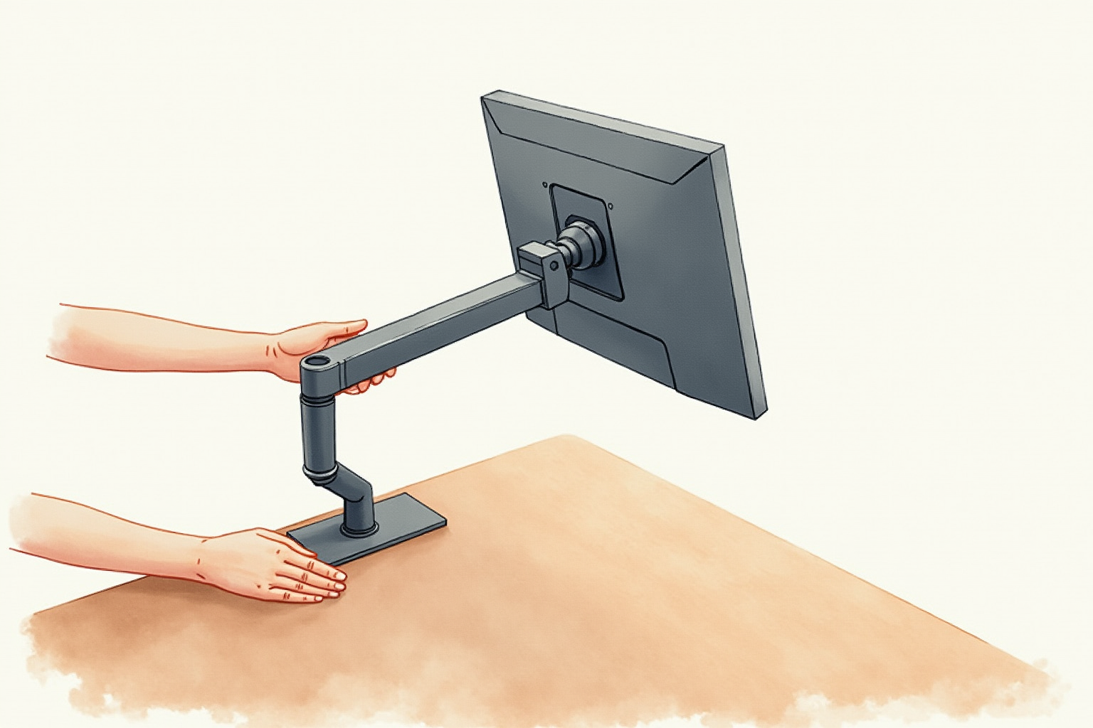 Hands installing a clamp-mount monitor arm at the edge of a desk