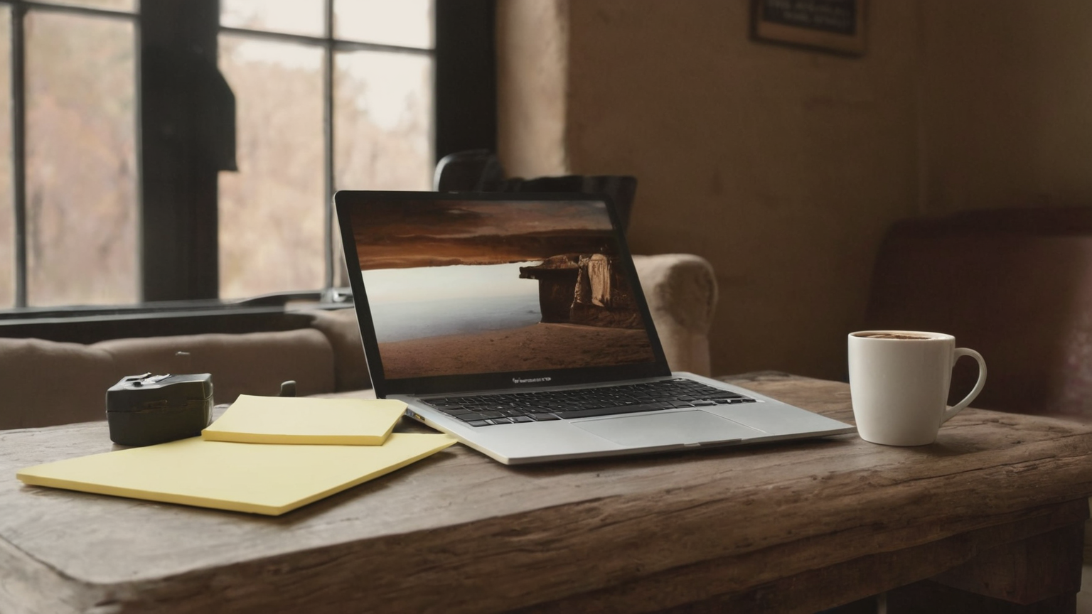 Closed notebook and clean-desk coworking handoff