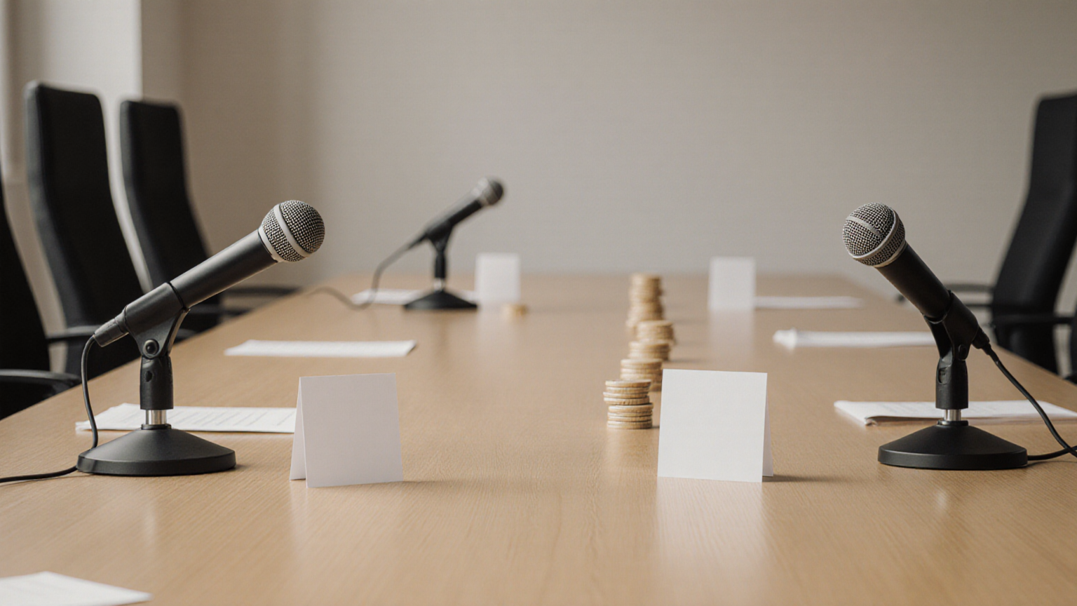Meeting table with acoustic panels and microphones prepared for a caption-friendly session