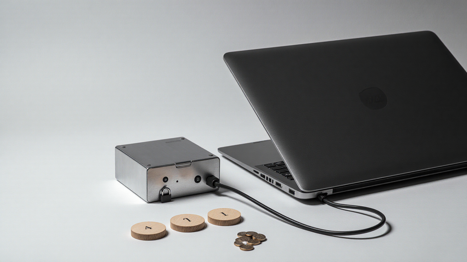 Closed laptop, microphones, and blank tokens representing a privacy-aware meeting workflow