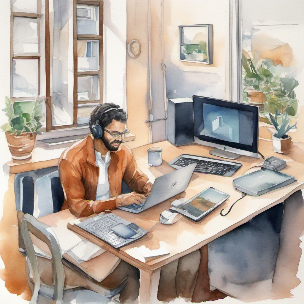 Watercolor remote work continuity setup with laptop, video call, mobile hotspot, and backup router